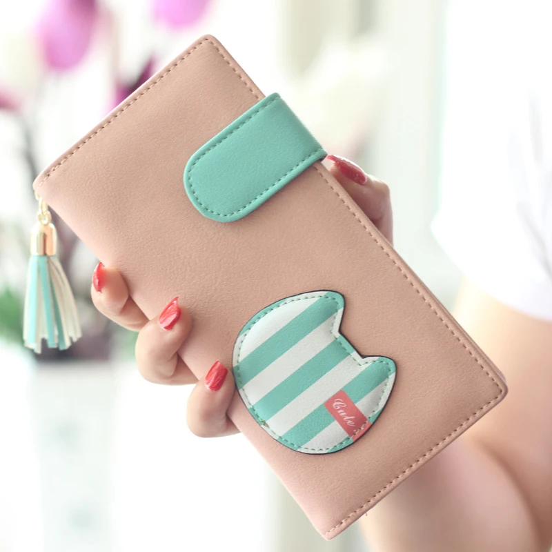 2015 Popular Women Wallet Cute Cats Lady Purse New Design Female Clutch Multicolor Striped Card Holders Fresh Girl Change Purse