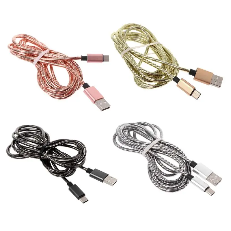 

USB Charging Cable 2A Metal Spring Data Transmission Wire Braided Flexible Cord Type-C Interface for Samsung Huawei Google LG