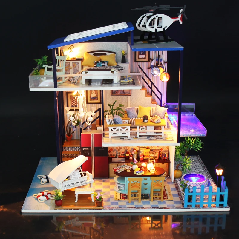 

DIY DollHouse Casa Miniature With Furnitures Wooden Doll House Handmade Villa Toys For Children Model Building Blue Sea 13847 #E