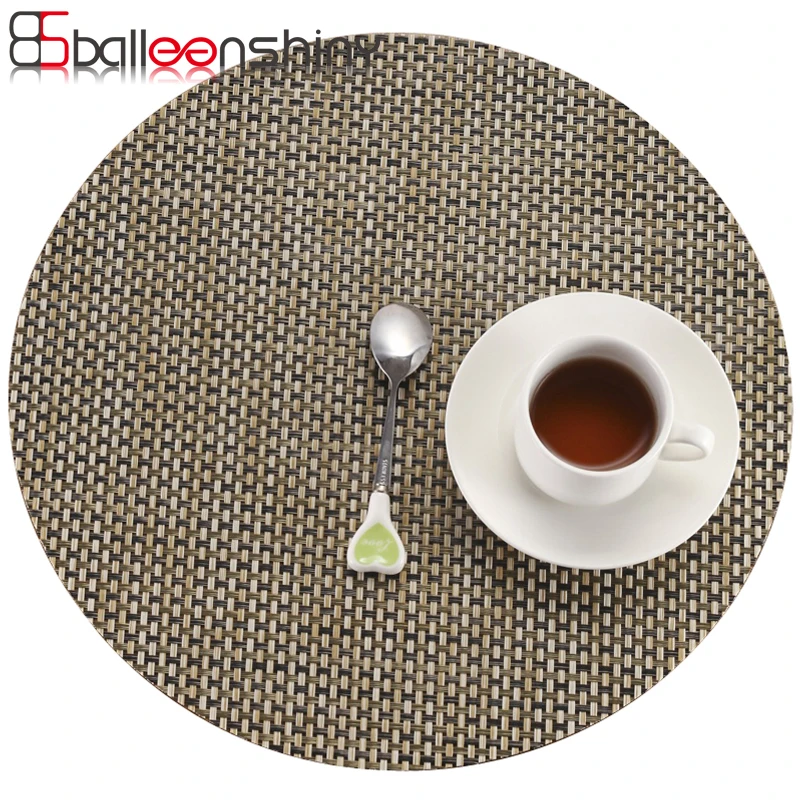 

BalleenShiny Modern PVC Woven Placemat Round Solid Non Slip Insulation Coaster Large Dinner Mat Set Coffee Table Pad&Mats