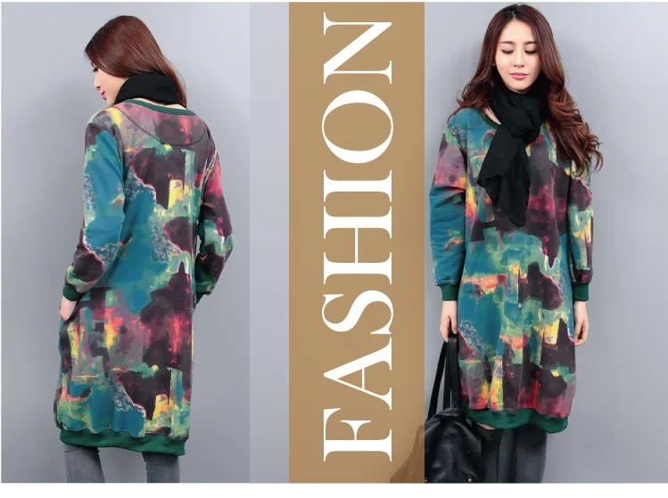 8390 Vintage Print Velvet Dress Long Sleeve Plus Size Women Thick Warm Hoodie Linen Winter Dresses Women 2018 Casual Sweatshirt Dress 2