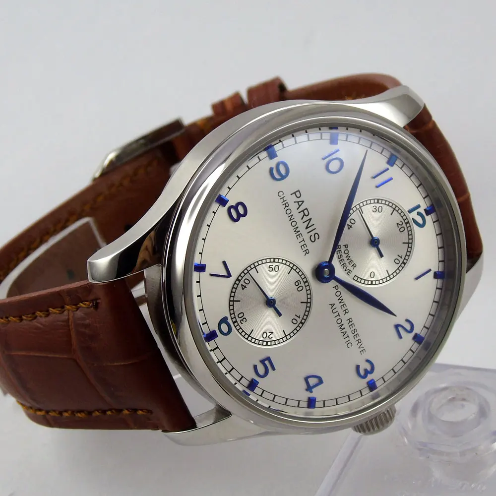 

New 43mm parnis silver White dial Power Reserve Chronograph Blue Marks SS Case ST2542 Automatic Mechanical men's Watch