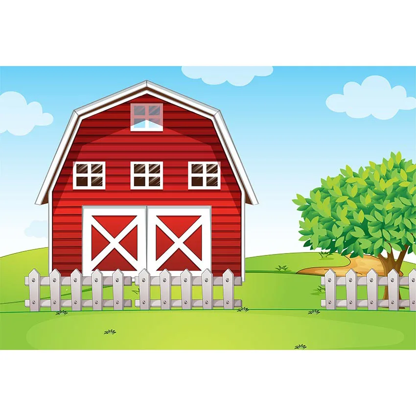 Фон для фотосъемки с тематикой фермы красный сарай скотный двор трактор воздушные шары животные забор сад пользовательские фото фоны для студии