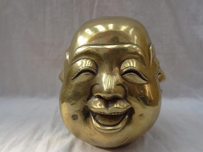 

S2574 Chinese Brass Joss Carved 4 Face Xi Nu Ai Le Happy Maitreya Buddha Head Statue D0317