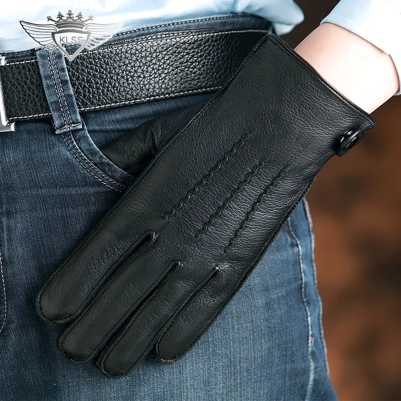 KLSS из брендовой натуральной кожи Для мужчин перчатки высокое качество оленьей перчатки зима плюс бархат Бизнес Повседневное водительские