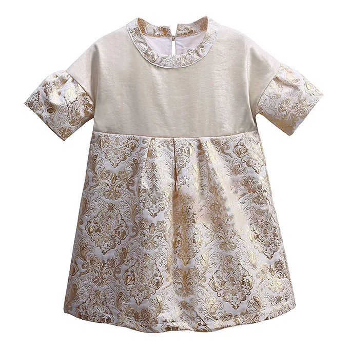 

Vintage Style Girl Dress Gold Floral Patchwork Short-sleeve Kids Dresses for Girls Clothes vetement fille 3-8T