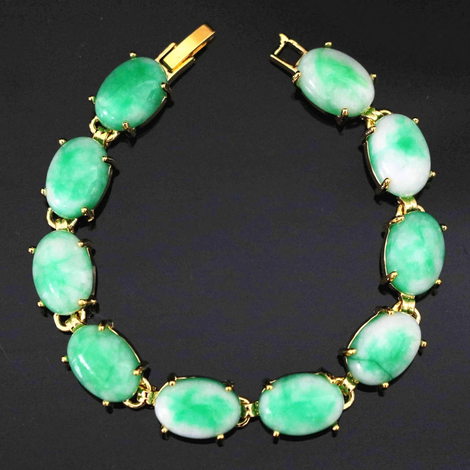 

Oval green chalcedony jades beads stone gold-color chain bracelet party simple gift jewelry 7.5"B1167