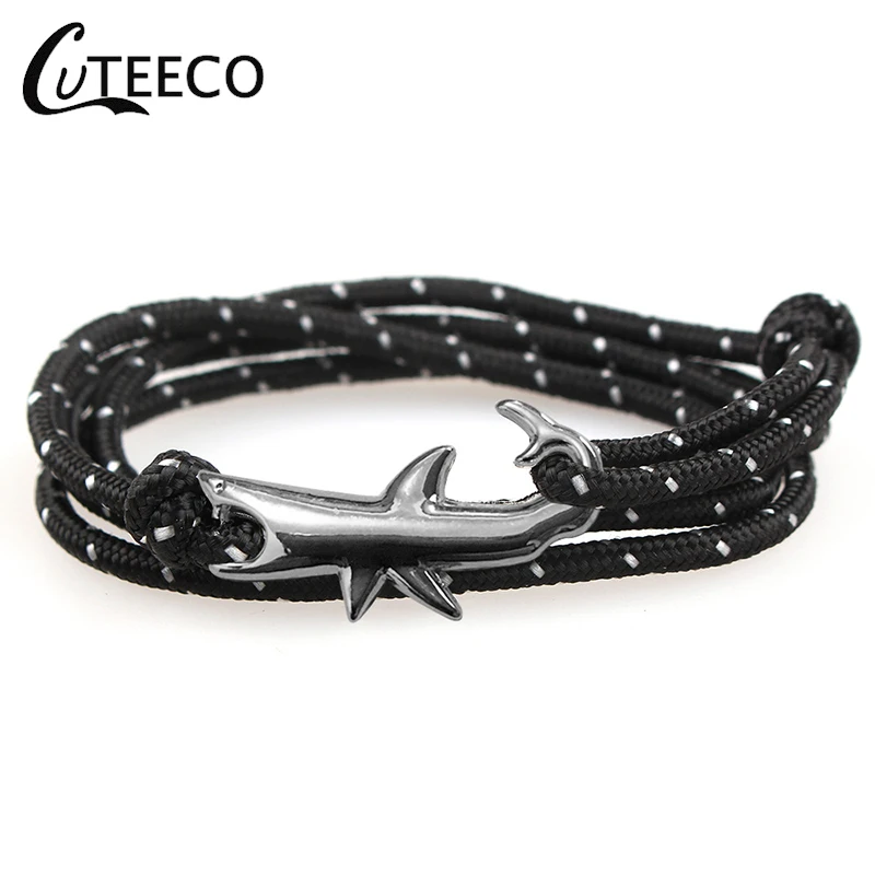 

CUTEECO New Adjustable Sliver Shark Fashion paracord Anchor Bracelet Men and woman Charm Survival Chain Sport Lovers Bracelets