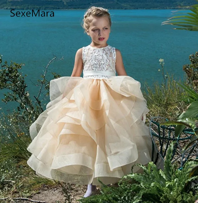 Champagne Organza Kant Top Bloem Meisjes Jurken voor Bruiloften Enkellange Knoppen Terug Kids Pageant Jurk Pageant Gown Champagne Organza Kant Top Bloem Meisjes Jurken voor Bruiloften Enkellange Knoppen Terug Kids Pageant Jurk Pageant Gown