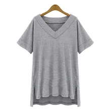 Женская весенне-летняя футболка с коротким рукавом v-образные вырезы женское шифоновое свободное лоскутное платье с длинным рукавом футболки Плюс Размер повседневные женские футболки Твердые KD8307