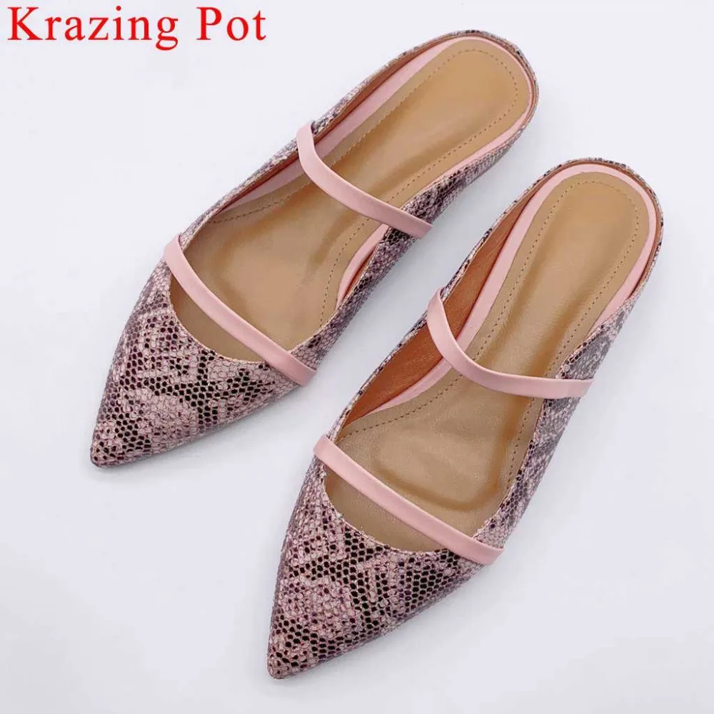 

Krazing Pot sexy snakeskin pattern slip on mules pointed toe genuine leather mixed colors elegant brand clubwear women pumps L50
