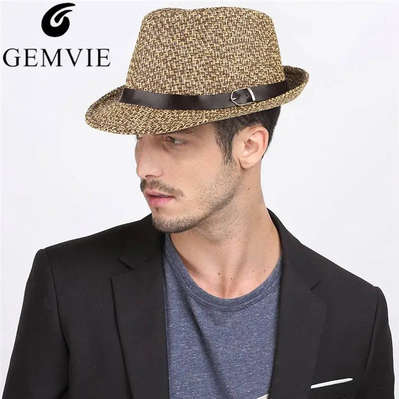 Summer Straw Hats for Men Trilby Gangster Cap Beach Sun Cap Casual Male