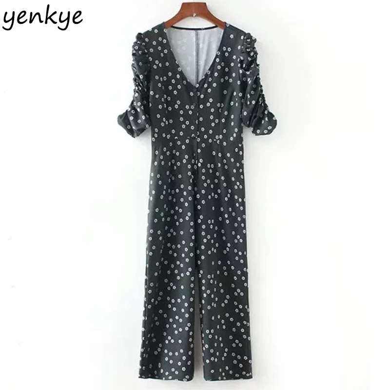 Spring 2018 Women Vintage Black Printed Jumpsuit Sexy V Neck Puff