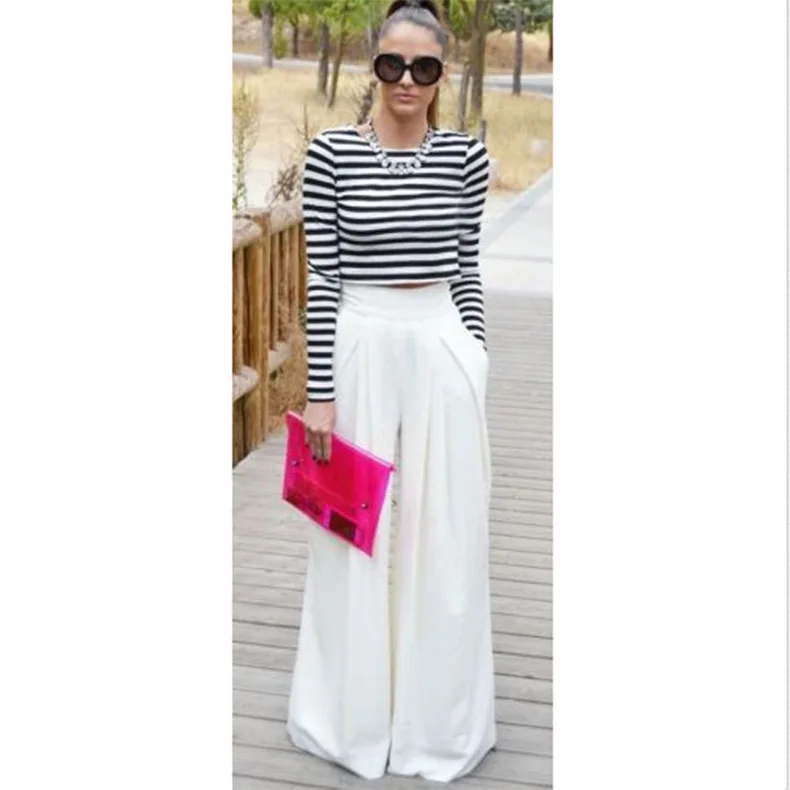 

new style solid elastic waist wide leg pants woman fashion love office lady full length elegant female pants holiday