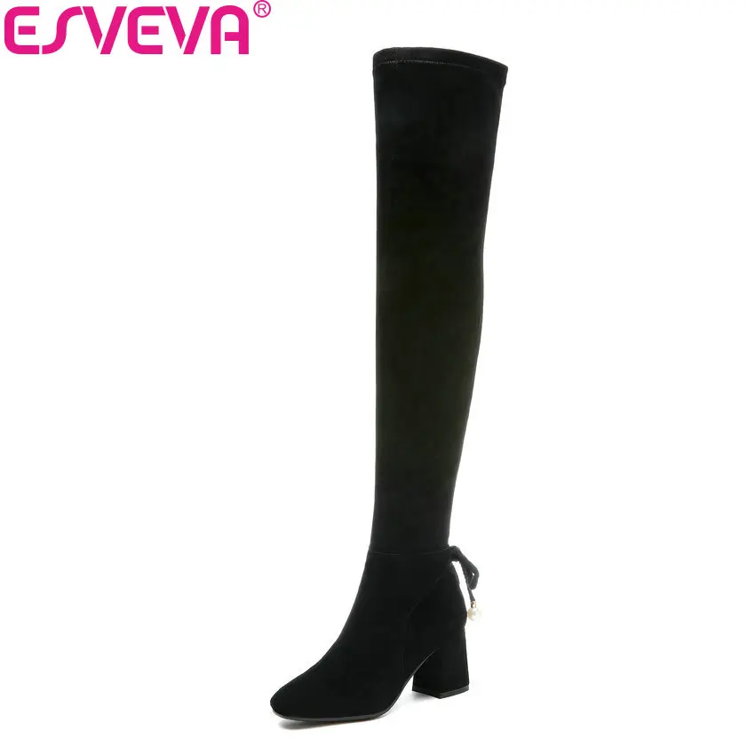 

ESVEVA 2019 Women Boots Square Toe Zipper Over The Knee Boots Flock Square High Heels Synthetic Warm Fur Ladies Boots Size 34-39