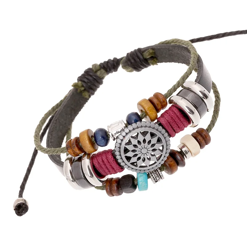 

Beaded retro fashion personality men's leather bracelet wooden beads alloy decoration adjustable hand rope wild