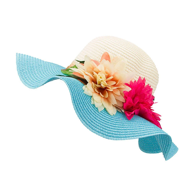 Flower Large Brim Floppy Straw Hat Women Contrast Summer Traveling Beach Sun Hats Fashion Leisure Big Brimmed Wavy Caps CP0205 (2)