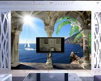 

3D Wallpaper Mural Decor Photo Mediterranean Arch Sailboat Castle Vintage background wall Wallpaper 3d Mural For Living Room