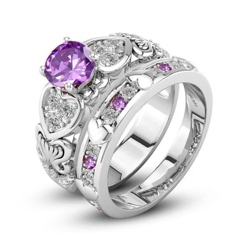 

Brand Cute Female Pink Red Crystal White Heart Ring Set Luxury Silver Engagement Ring Vintage Bridal Wedding Rings For Women