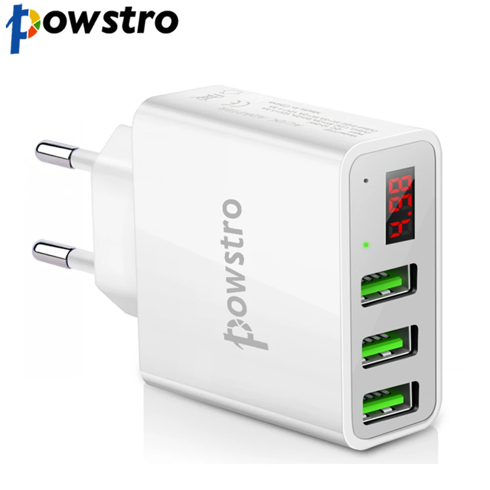 Настенное зарядное устройство POWSTRO 3 порта USB светодиодный дисплей вилка