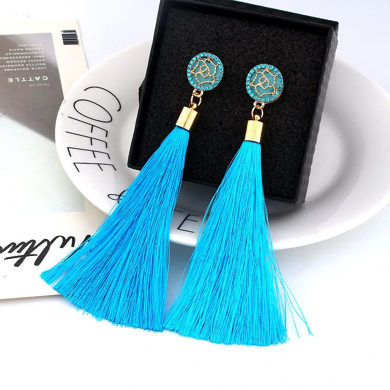 

New Crystal Long Tassel Earrings Boho Bohemian black red white Silk Fabric Thread Flower drop Earrings For Women dangle Jewelry