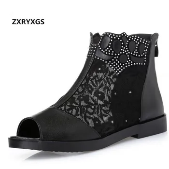 

Elegant Comfortable Summer Cowhide Mesh Boots Women Sandals 2019 New Rhinestone Lace Women Shoes Fashion Sandals Plus Size