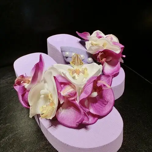 

New summer hot sweet seaside sandals fashion soft slippers Waterproof platform handmade flowers high heels slipper beach sandals