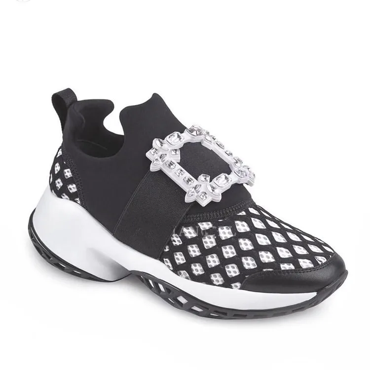 Fashion Runway Shoes Woman Bling Crystal Women Sneakers Squared Buckle Decor Casual Flats Slip On Sport Shoes Mesh Leather Shoe