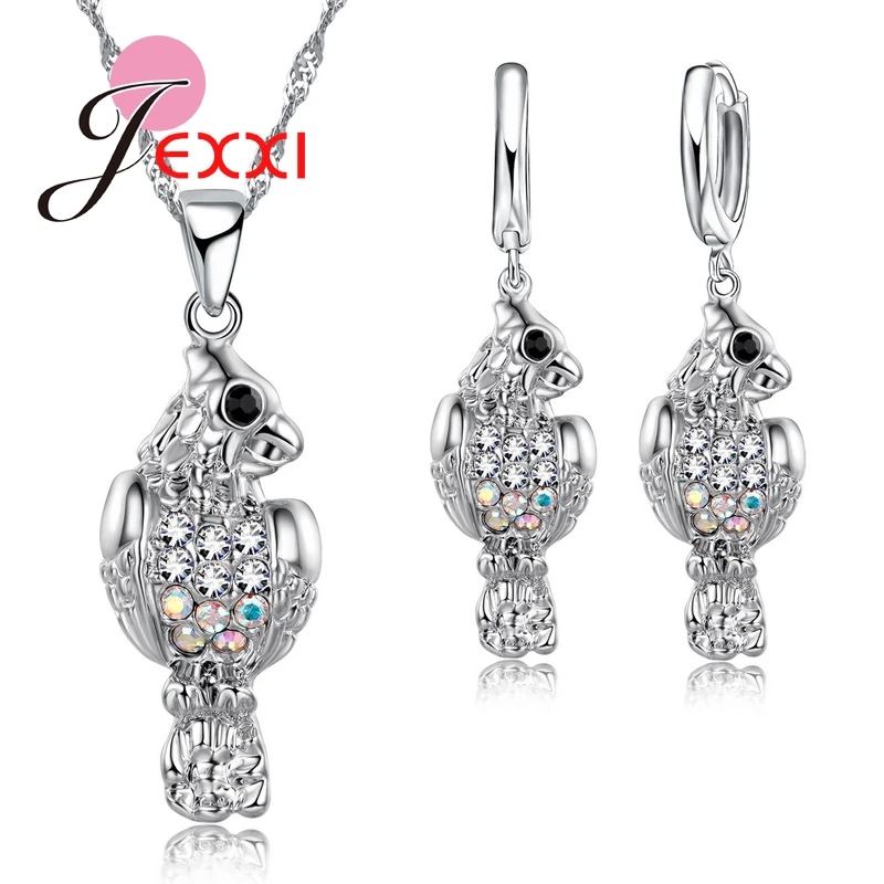 

Fashion Design Full Shinning Cubic Zirconia Stone Animal Owl Pendant Necklace Earrings 925 Sterling Silver Jewelry Sets