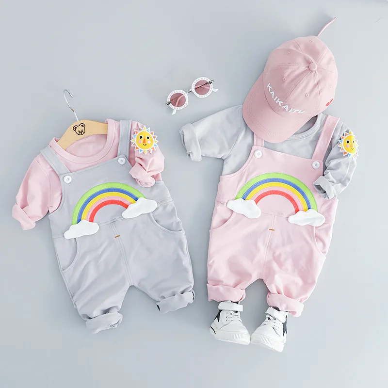

Girls Clothing Set 2019 Spring Autumn Toddler Straps Set Baby Girls rainbow long-Sleeve + Straps pant 2 pcs