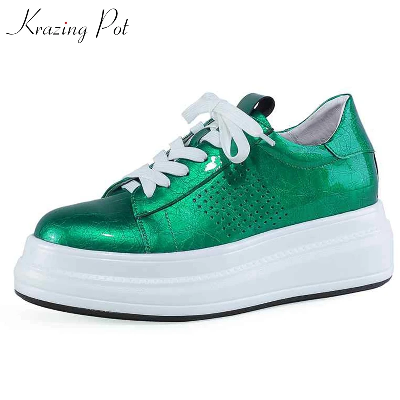 

Krazing pot microfiber natural leather round toe lace up thick bottom casual high heel platform sneaker vulcanized shoes L1f4