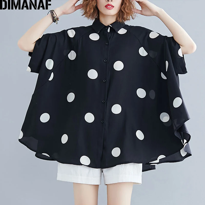  DIMANAF Plus Size Women Blouse Shirt Big Size Summer Casual Lady Tops Tunic Print Polka Dot Loose F