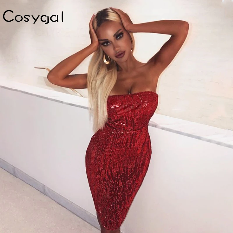 

COSYGAL Sequined Party Dress Stretch Off Shoulder Sequins Backless Padded Bodycon Sexy Women Summer Solid Dress Wholesale