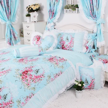 

Christmas Duvet Bedding Set Pastoral Printing Luxury Lace Princess Quild Cover For Girl Pillow Bed Skirt Washed Cotton King 4pcs