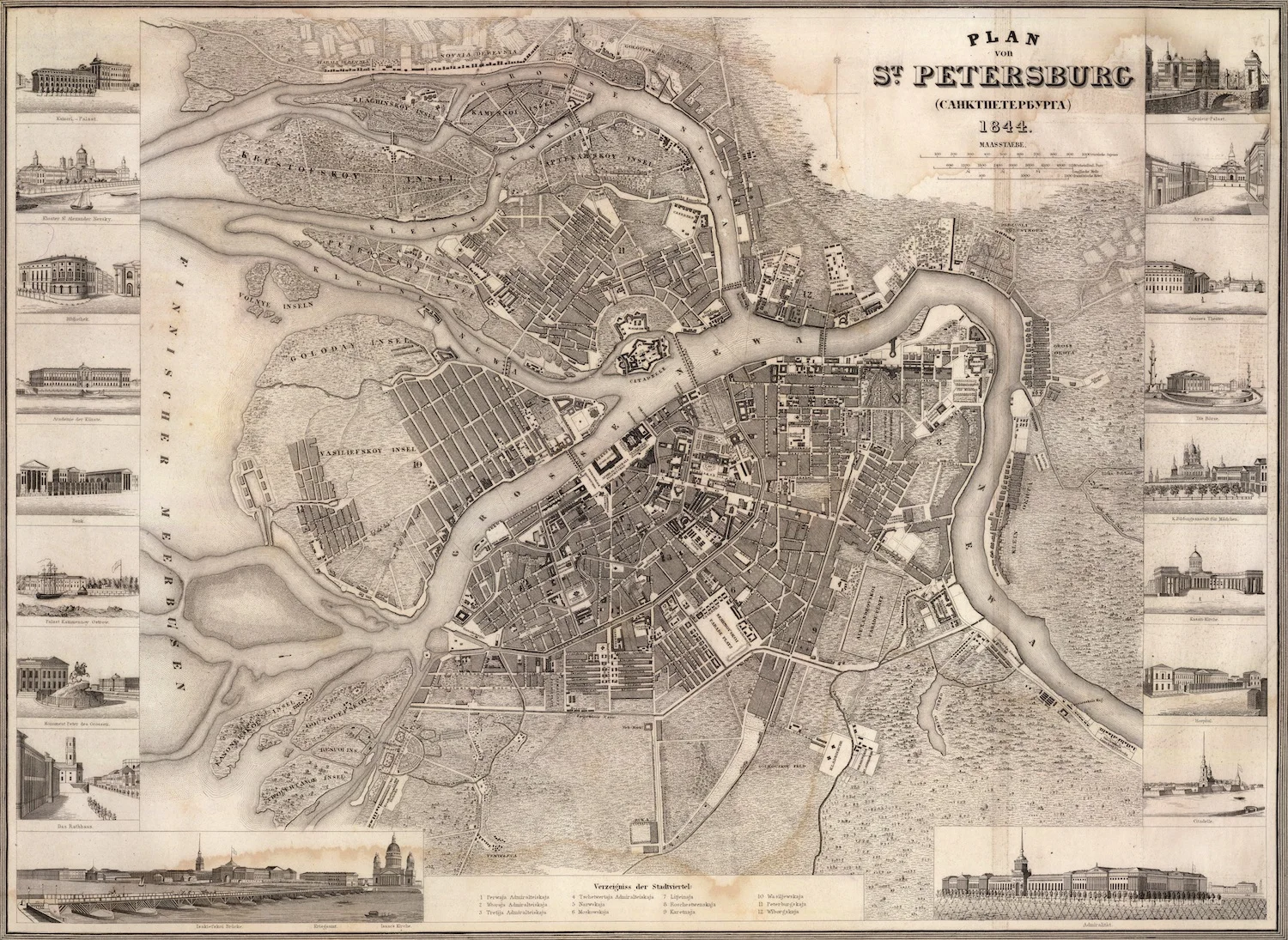 Винтажный постер с картой Россия Санкт Петербург (1844) Классические холщовые
