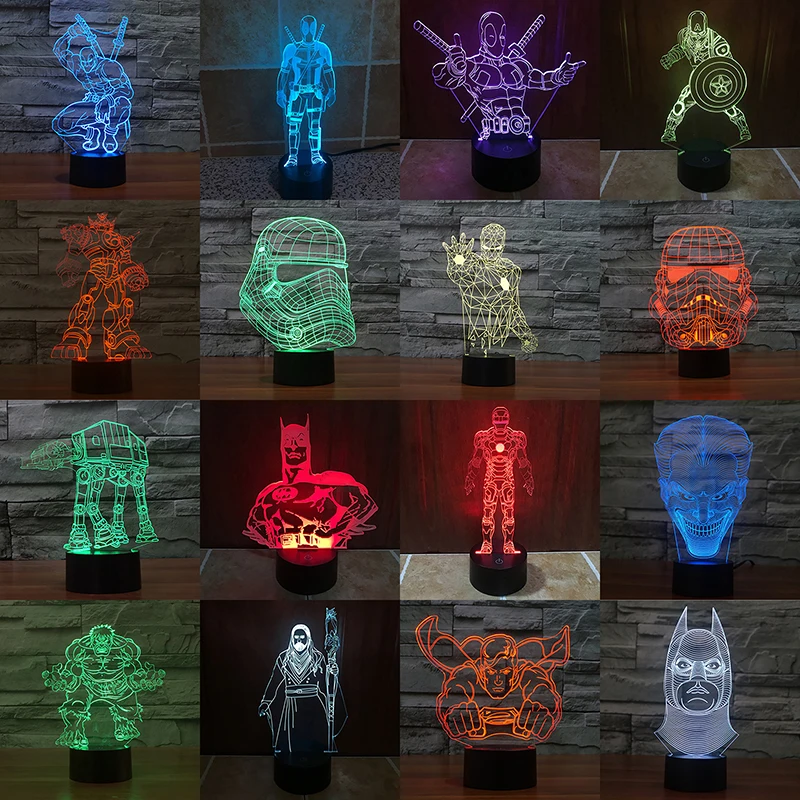 

Star War Super Hero 3D LED Table Lamp Toys Home Decoration Change 7 Colors Light Batman Iron Man Deadpool Ninja SuperMan