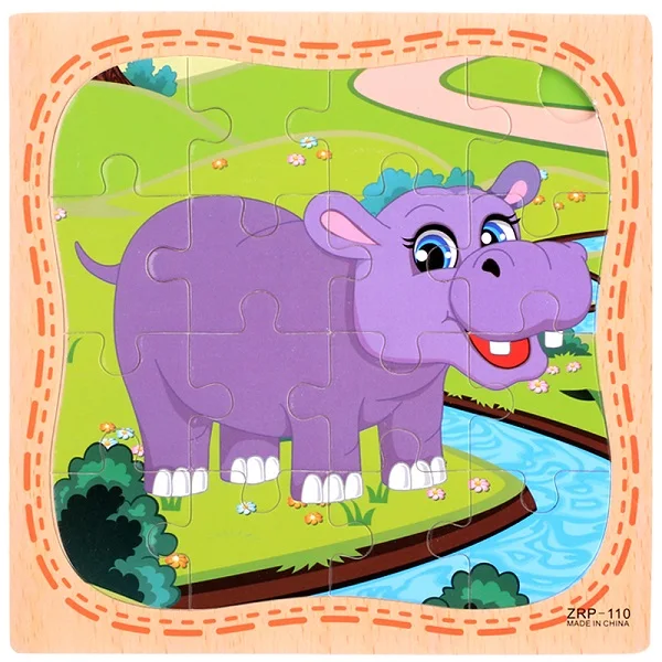 Детские мультфильм деревянные 3D головоломки милые животные автомобиля образовательных Развивающие игрушки для детей головоломки раннего дошкольного игрушки - Цвет: hippo