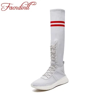 

FACNDINLL 2018 new brand shoes summer autumn knee high boots air mesh wedge heels pointed toe shoes woman casual riding boots