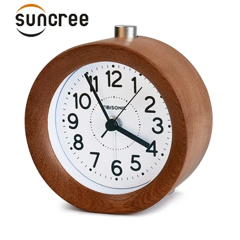 

Suncree Circular Snooze Sweep Movement Mute Alarm Clock Modern Needle Wooden Table Alarm Clocks Electronic Desk Watch