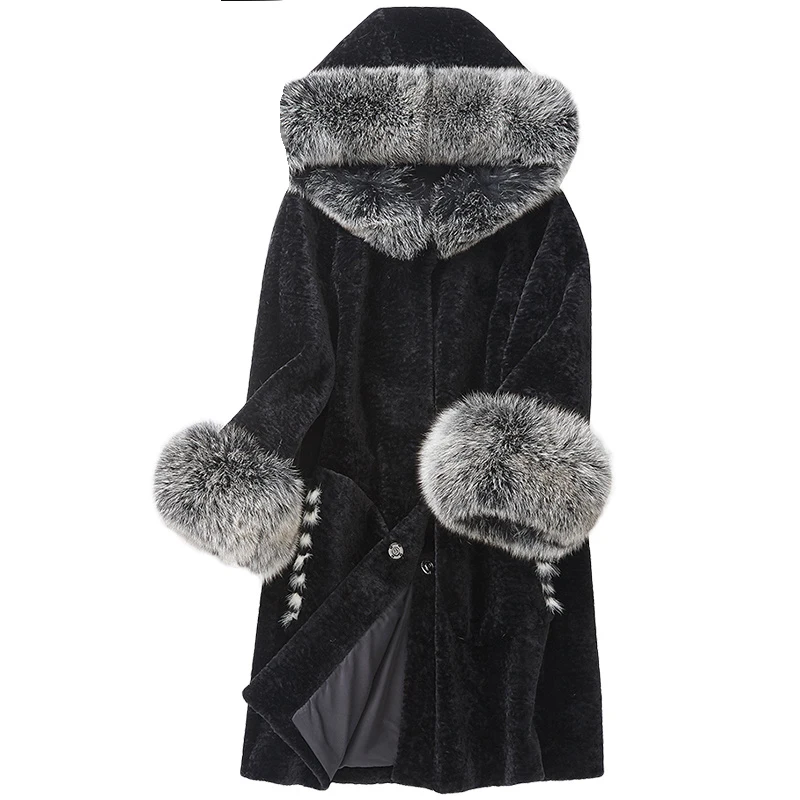 

Women's Real Fur Coat Sheep Shearing Fur Coat Hood Winter Sheep Jacket fox collar mink fur Overcoat