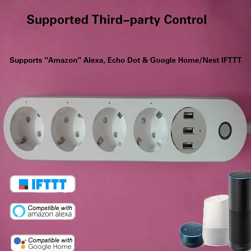Умная розетка с Wi Fi и голосовым управлением 4 розетки переменного тока 3 USB порта