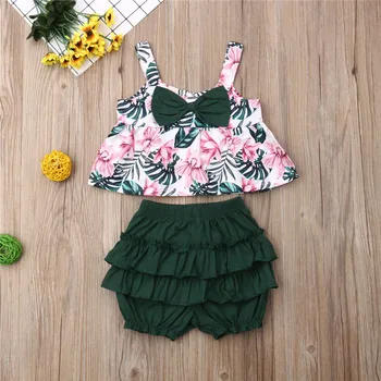 

2019 Summer Cotton Floral Sleeveless Bow Tops Shorts 2PCs Outfit Costume Clothing Newborn Toddler Kids Baby Girls Clothes Set