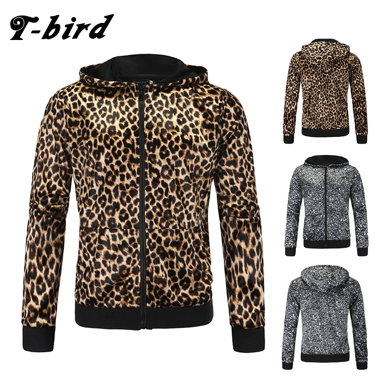 

T-Bird Men Hoodie Hip-Hop Sweatshirt Men'S Leopard print Hoodie 2018 Autumn winter Fashion Male Zipper Cardigan Hoodies moletom