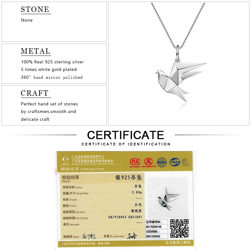 EDI Lovely Peace Dove Bird Animal Pendants Necklace For Women 100% 925 Sterling Silver High Quality Fine Jewelry