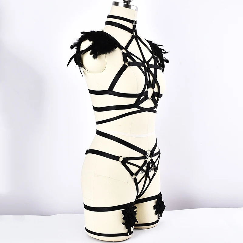 Feather Epaulettes Big Ring Harness Bra Gothic Body Harness Set Sexy Lingerie Elastic Adjust G-string Wedding Leg Garter Belt Feather Epaulettes Big Ring Harness Bra Gothic Body Harness Set Sexy Lingerie Elastic Adjust G-string Wedding Leg Garter Belt