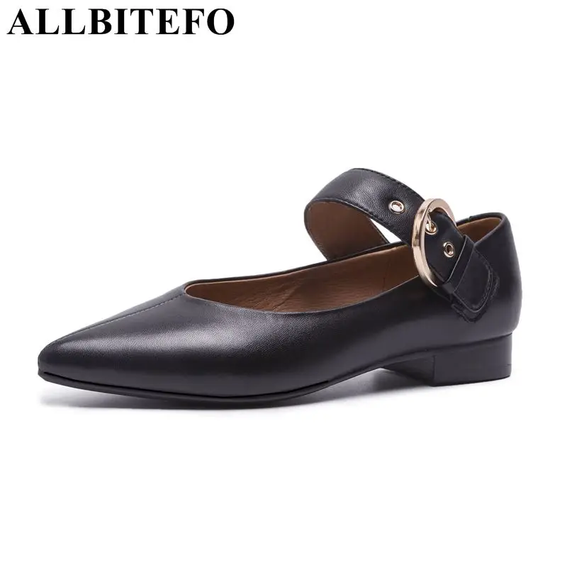 

ALLBITEFO full genuine leather pointed toe thick heel women pumps fashion buckle high heels women shoes girls shoes Sra zapato