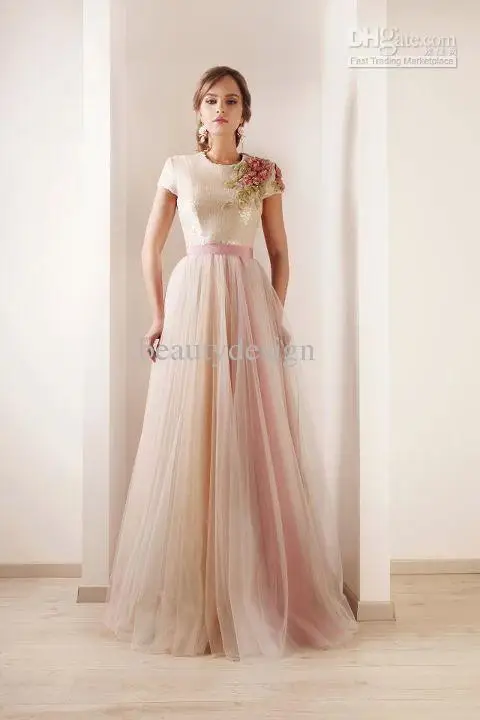 2013 New Sexy Short Sleeves Tulle Prom Dresses Print Beaded High Collar Sash Wedding Dresses DS13
