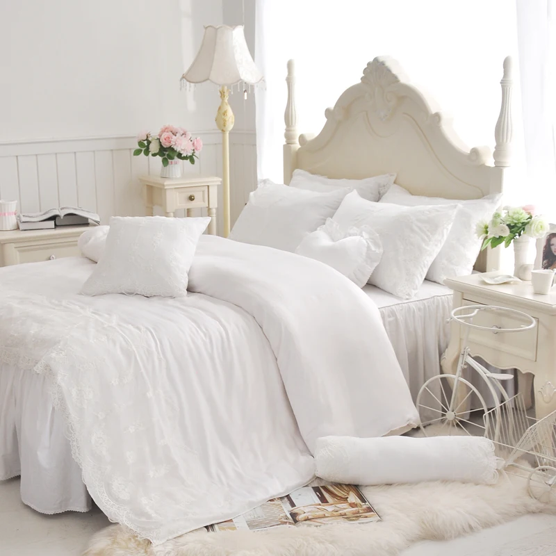 White Lace Ruffle bedding sets cotton 4pcs Princess duvet cover