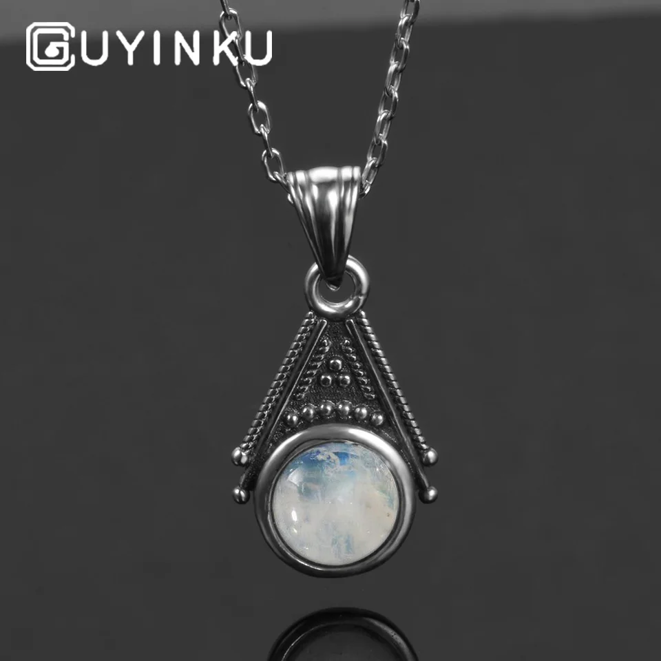 

GUYINKU Charms 6mm Round Natural Moonstone 925 Sterling Silver Pendants Necklaces With 45cm Chain Wholesale Fine Jewelry Gifts