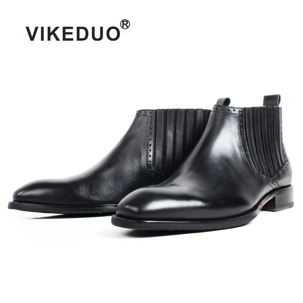 De Chaussures Hommes Carré Gland Cuir Patine Mariage Veau Main Bureau Black Vikeduo Bottes Bottines Botas Bout Véritable En Noir bfYym6gvI7